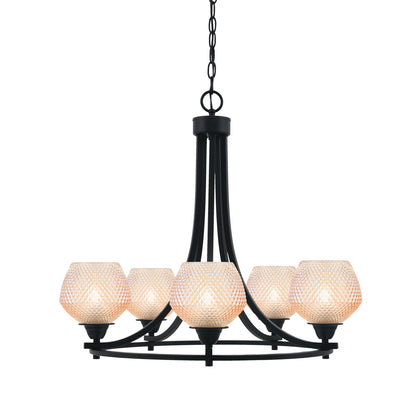 Toltec Paramount 23.5in 5-Light Chandelier | Industrial Matte Black Steel and Amber Textured Glass | Dining Room & Entryway | 23.5 x 23.5 x 20 in | Model 3405-MB-4623
