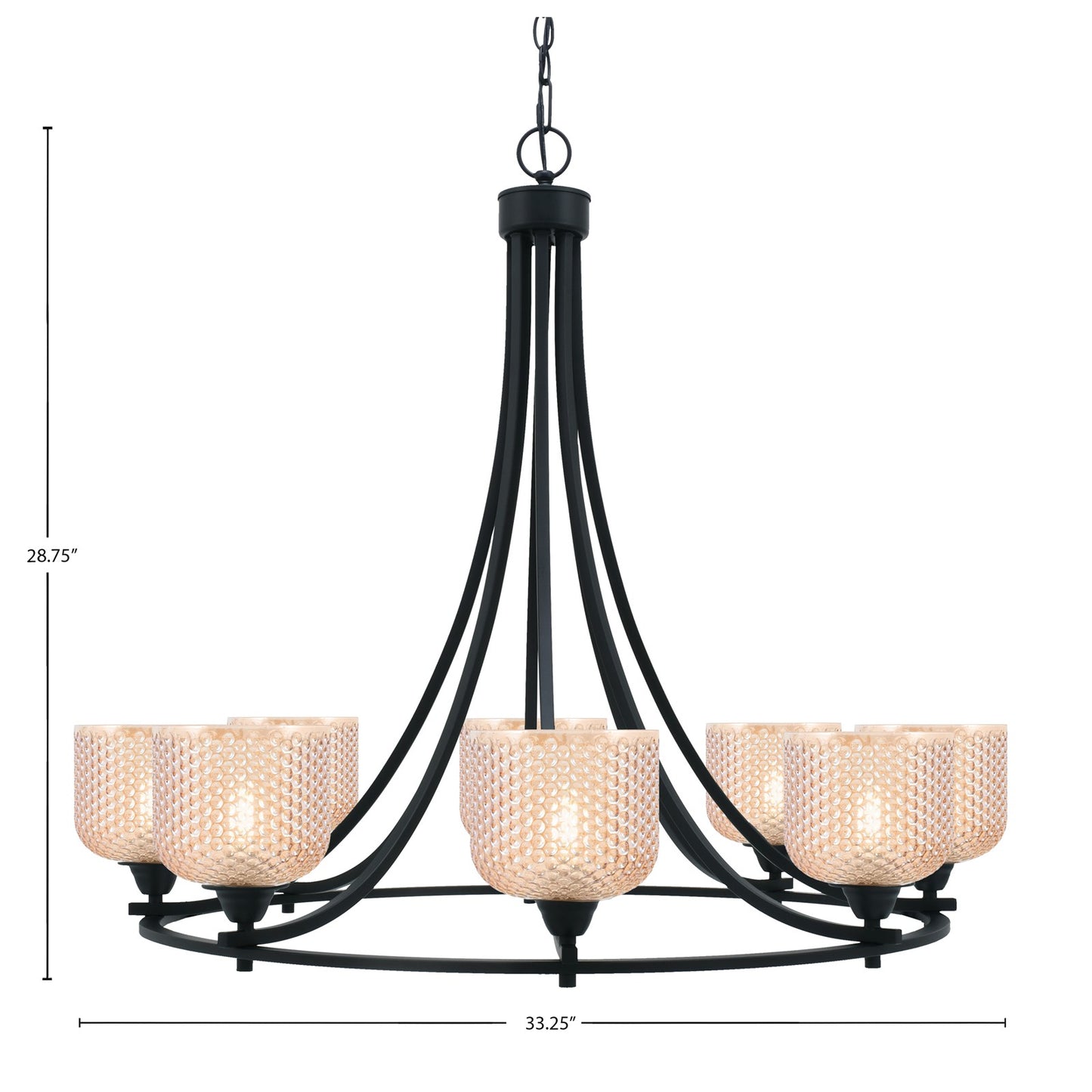 Toltec Paramount 33.25in 8-Light Uplight Chandelier | Modern Matte Black with Amber Glass | Dining Room & Foyer | 33.25 x 28.75 in | Model 3408-MB-4613