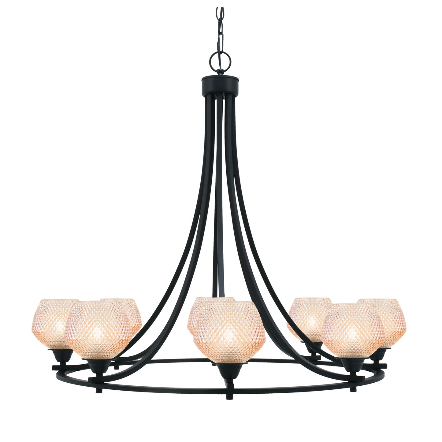 Toltec Paramount 33.25in 8-Light Chandelier | Industrial Matte Black Steel and Amber Textured Glass | Dining Room & Entryway | Model 3408-MB-4623