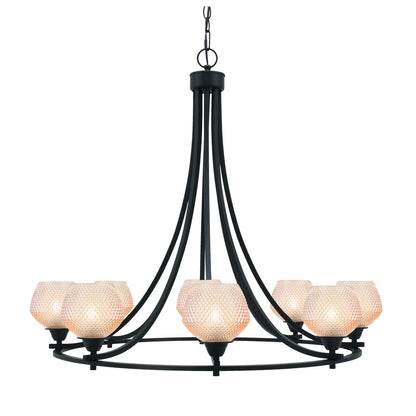 Toltec Paramount 33.25in 8-Light Chandelier | Industrial Matte Black Steel and Amber Textured Glass | Dining Room & Entryway | Model 3408-MB-4623