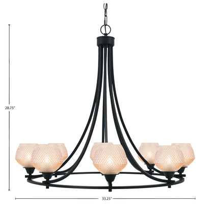 Toltec Paramount 33.25in 8-Light Chandelier | Industrial Matte Black Steel and Amber Textured Glass | Dining Room & Entryway | Model 3408-MB-4623