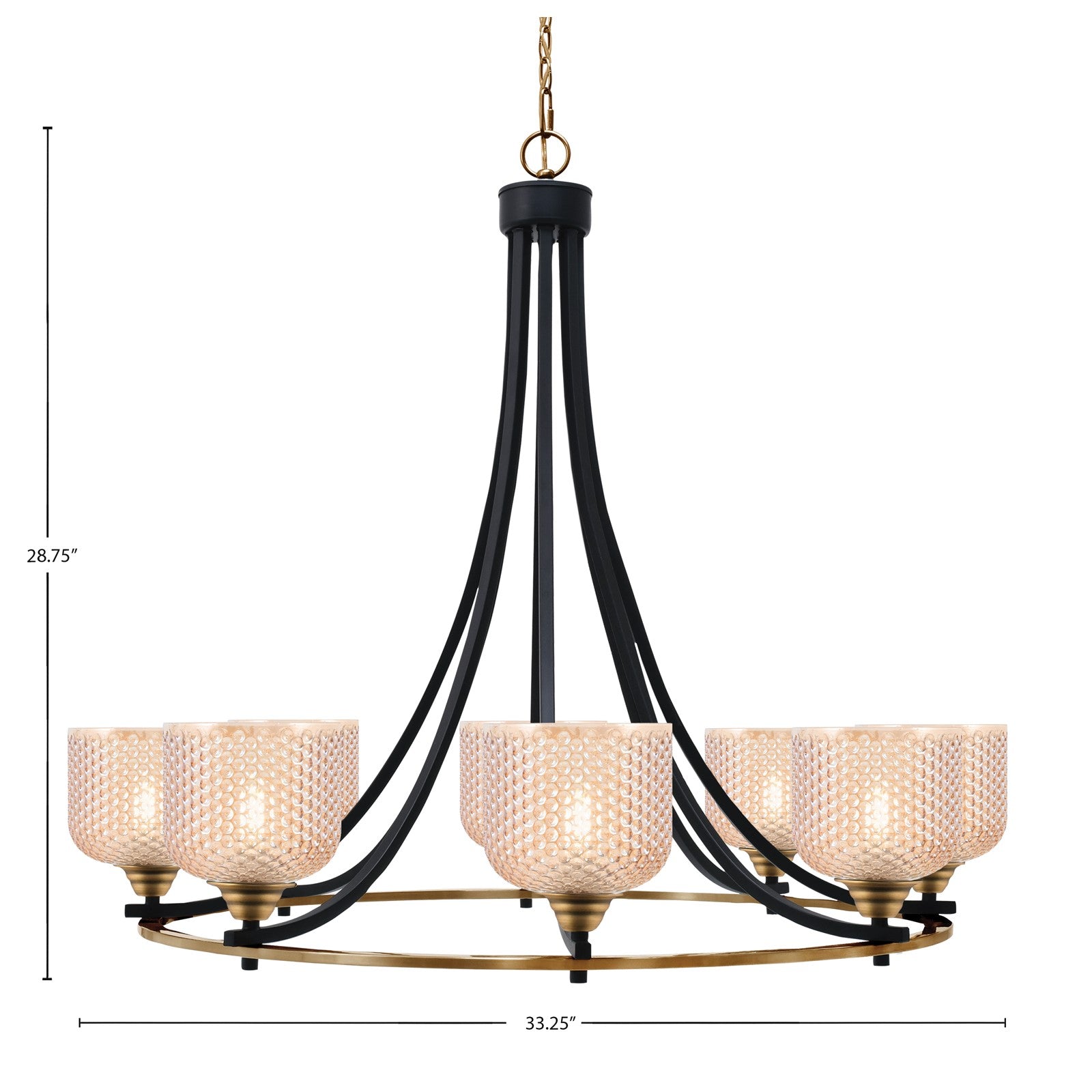Toltec Paramount 33.25in 8-Light Uplight Chandelier | Modern Matte Black and Brass with Amber Glass | Dining Room & Foyer | 33.25 x 28.75 in | Model 3408-MBBR-4613
