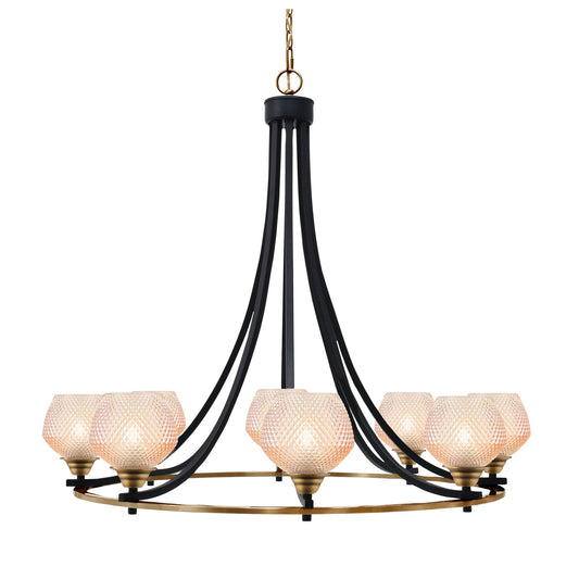Toltec Paramount 33.25in 8-Light Chandelier | Industrial Matte Black & Brass Steel and Amber Textured Glass | Dining Room & Entryway | Model 3408-MBBR-4623