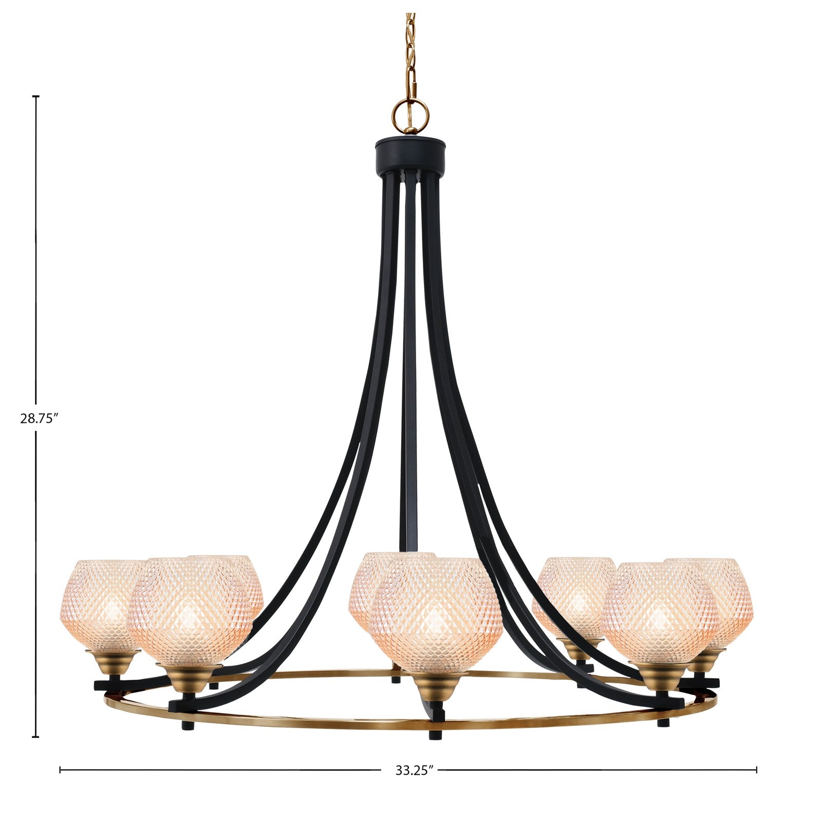 Toltec Paramount 33.25in 8-Light Chandelier | Industrial Matte Black & Brass Steel and Amber Textured Glass | Dining Room & Entryway | Model 3408-MBBR-4623