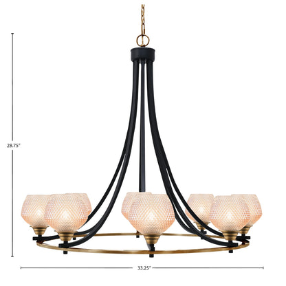 Toltec Paramount 33.25in 8-Light Chandelier | Industrial Matte Black & Brass Steel and Amber Textured Glass | Dining Room & Entryway | Model 3408-MBBR-4623