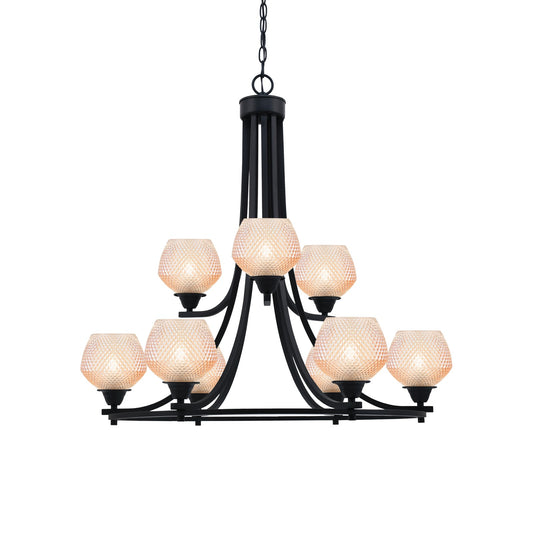 Toltec Paramount 31.5in 9-Light Chandelier | Industrial Matte Black Steel and Amber Textured Glass | Dining Room & Entryway | 31.5 x 31.5 x 27.25 in | Model 3409-MB-4623