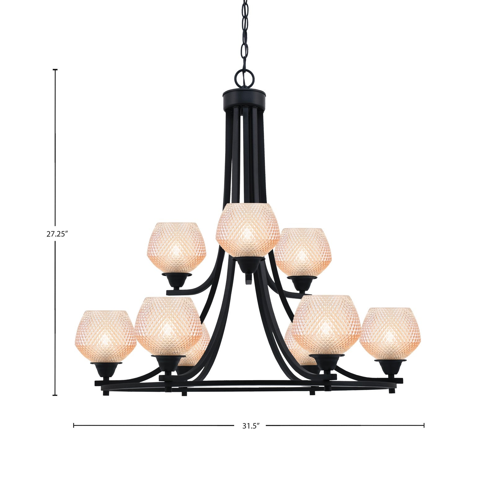 Toltec Paramount 31.5in 9-Light Chandelier | Industrial Matte Black Steel and Amber Textured Glass | Dining Room & Entryway | 31.5 x 31.5 x 27.25 in | Model 3409-MB-4623