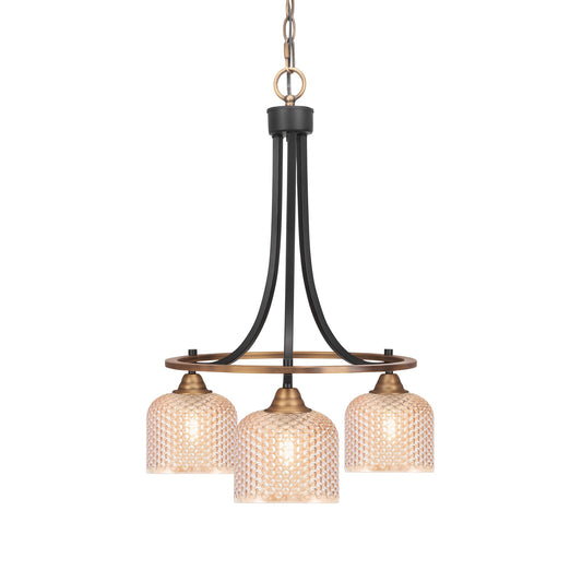 Toltec Paramount 17in 3-Light Downlight Chandelier | Industrial Matte Black & Brass Steel and Amber Textured Glass | Dining Room & Kitchen Island | Model 3413-MBBR-4613