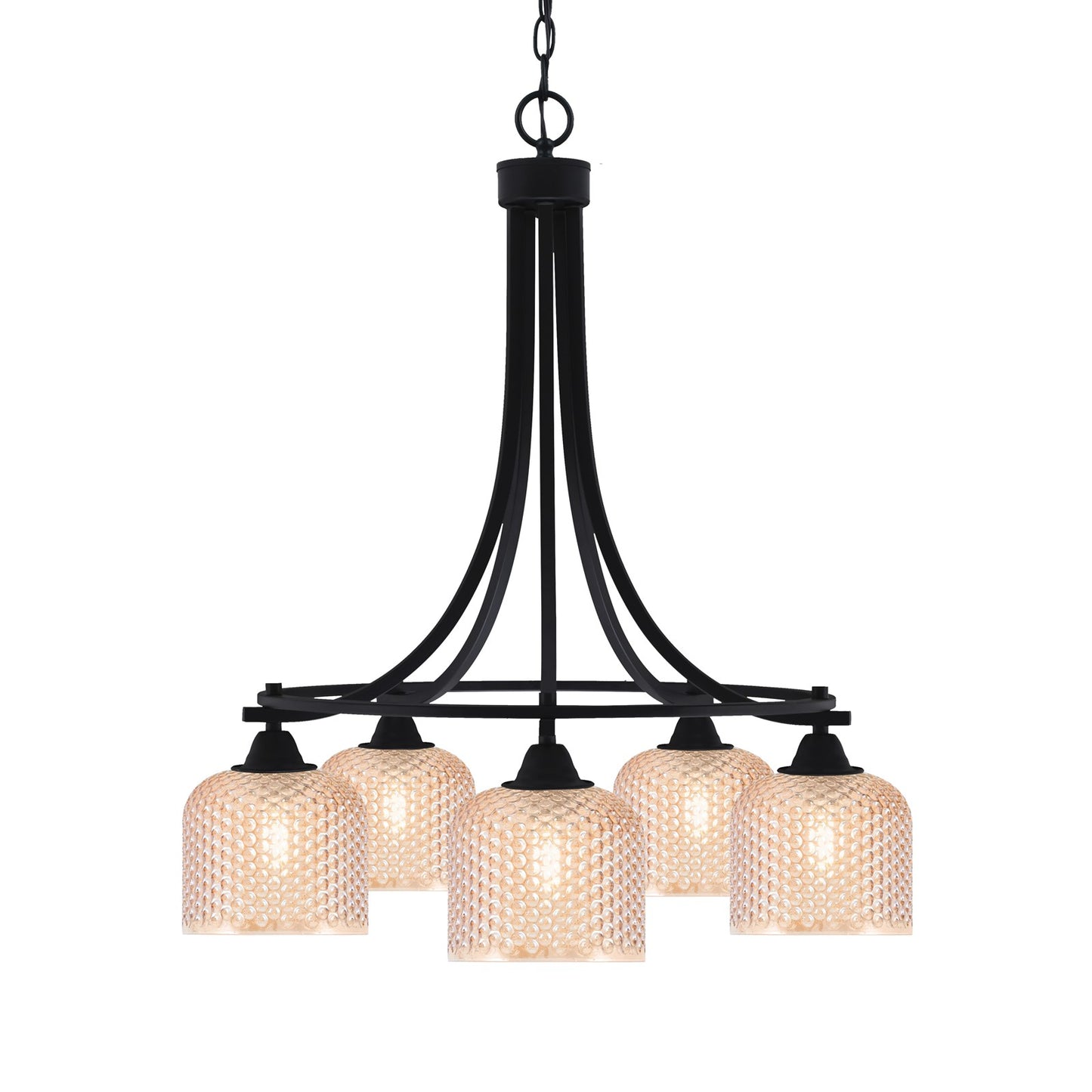 Toltec Paramount 24in 5-Light Downlight Chandelier | Industrial Matte Black Steel and Amber Textured Glass | Dining Room & Kitchen Island | Model 3415-MB-4613