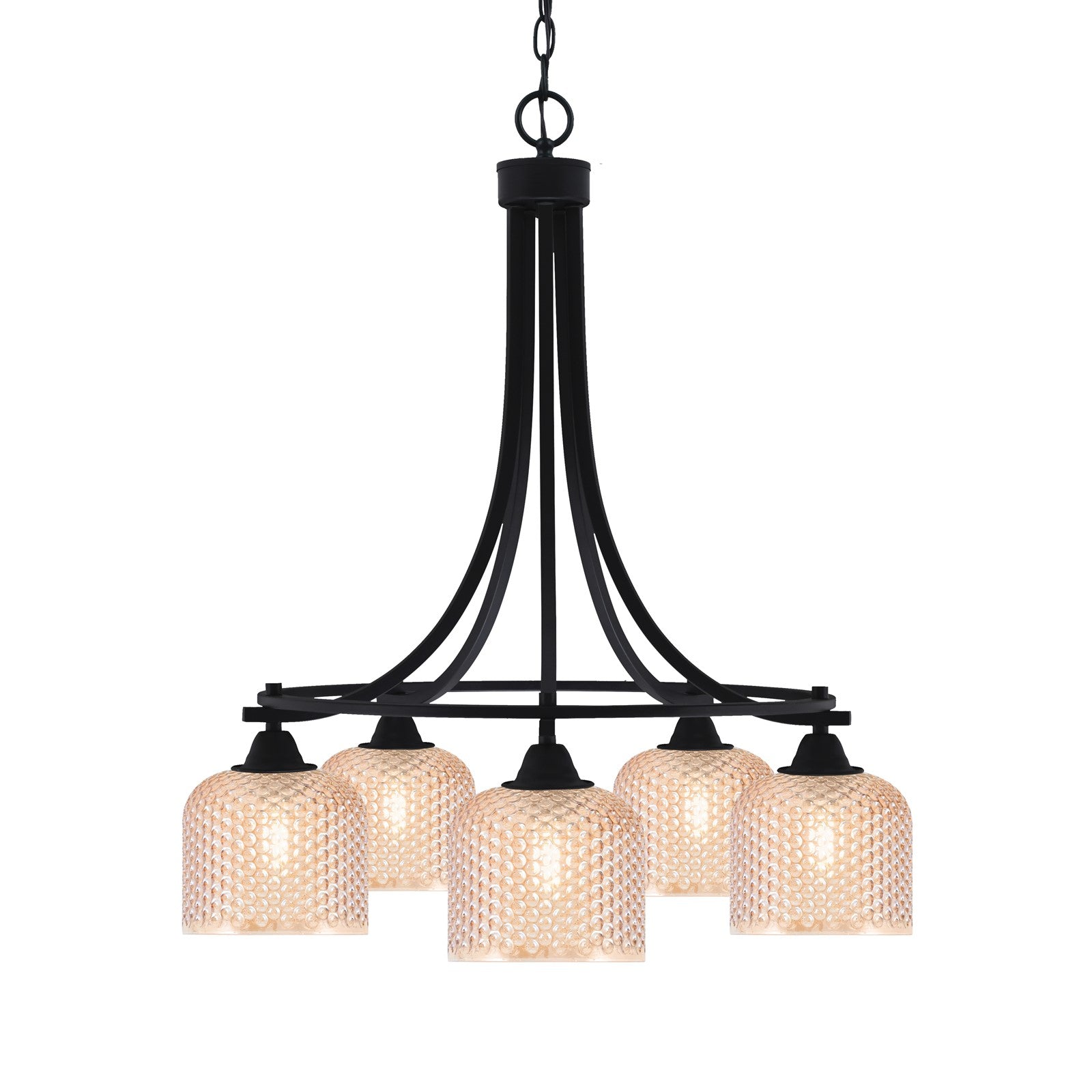 Toltec Paramount 24in 5-Light Downlight Chandelier | Industrial Matte Black Steel and Amber Textured Glass | Dining Room & Kitchen Island | Model 3415-MB-4613