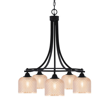 Toltec Paramount 24in 5-Light Downlight Chandelier | Industrial Matte Black Steel and Amber Textured Glass | Dining Room & Kitchen Island | Model 3415-MB-4613