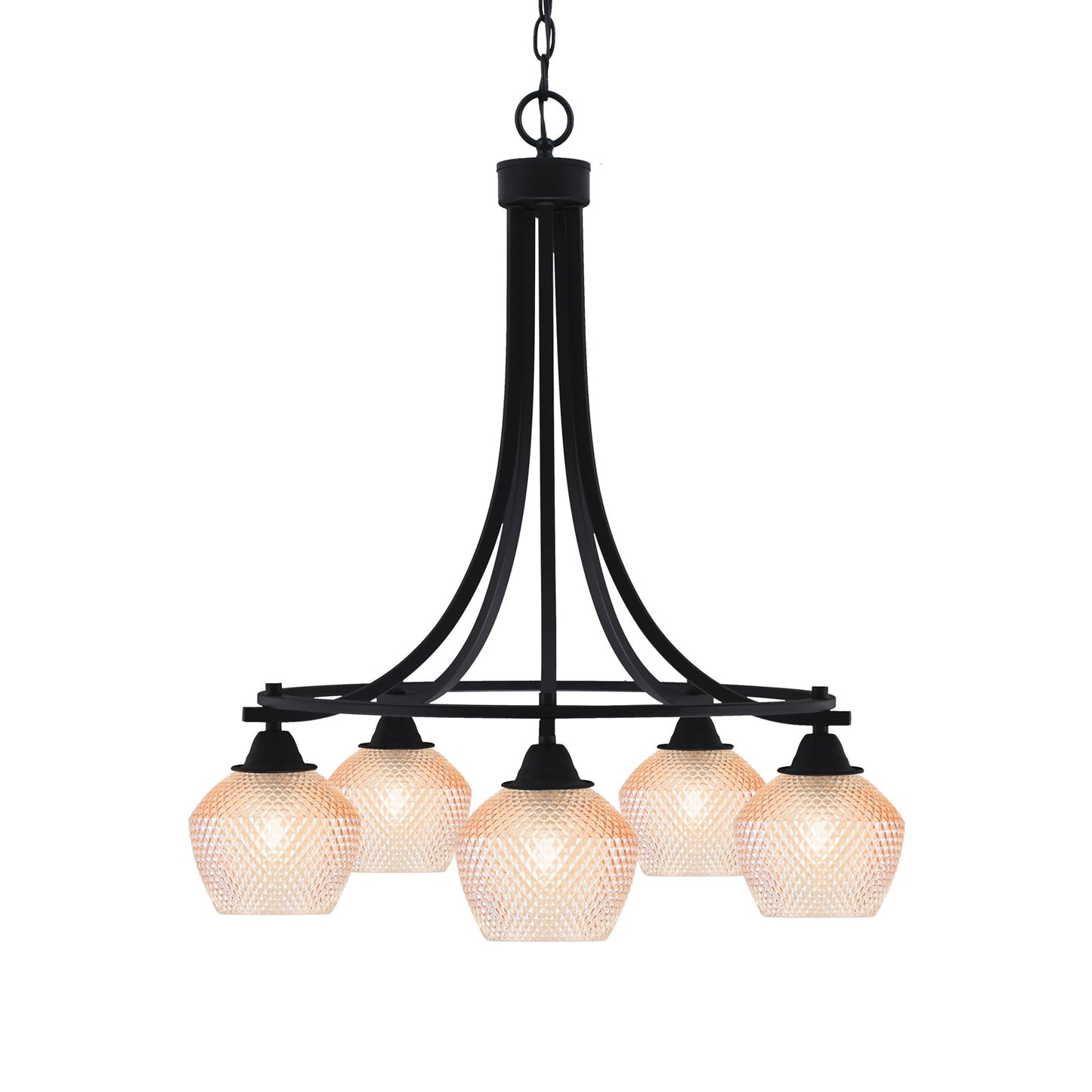 Toltec Paramount 24in 5-Light Downlight Chandelier | Industrial Matte Black Steel and Amber Textured Glass | Dining Room & Kitchen Island | Model 3415-MB-4623