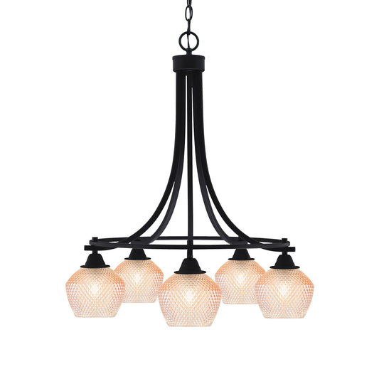 Toltec Paramount 24in 5-Light Downlight Chandelier | Industrial Matte Black Steel and Amber Textured Glass | Dining Room & Kitchen Island | Model 3415-MB-4623