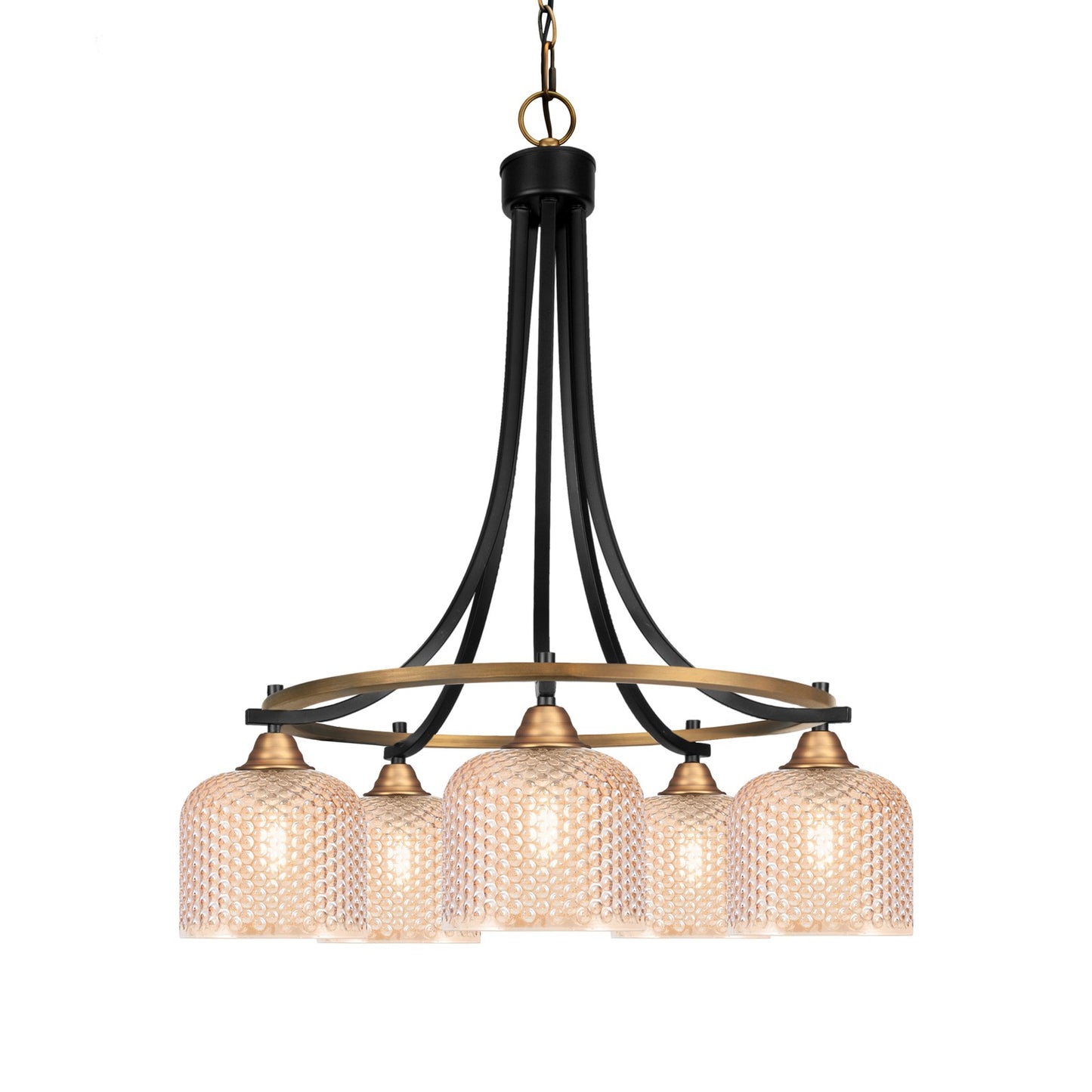 Toltec Paramount 24in 5-Light Chandelier | Industrial Matte Black & Brass and Amber Textured Glass | Dining Room & Living Room | 24 x 25.75 in | Model 3415-MBBR-4613