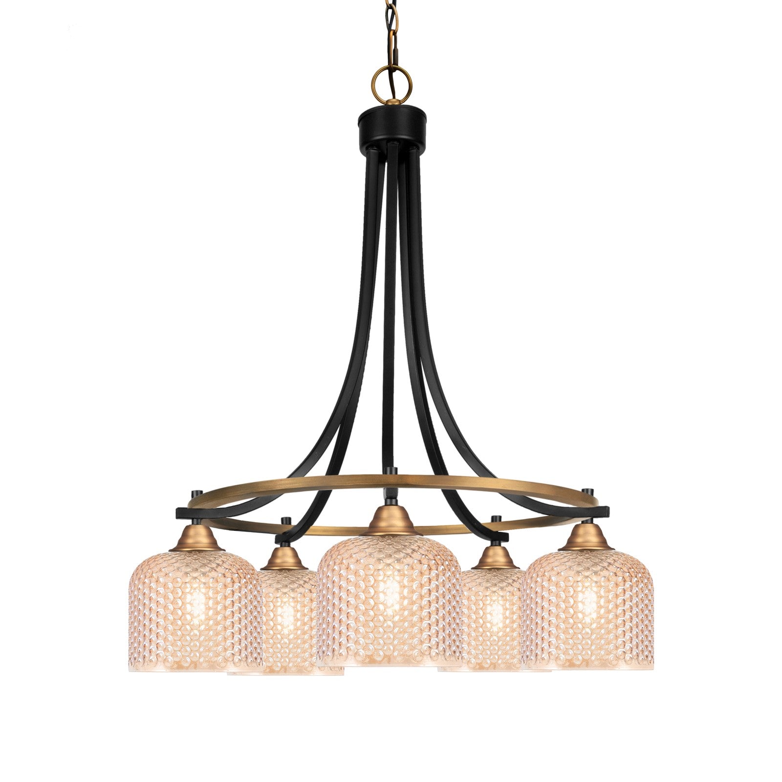 Toltec Paramount 24in 5-Light Chandelier | Industrial Matte Black & Brass and Amber Textured Glass | Dining Room & Living Room | 24 x 25.75 in | Model 3415-MBBR-4613