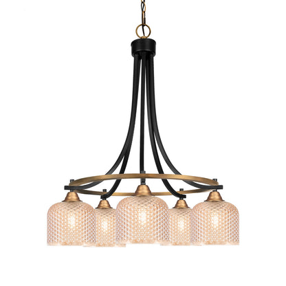 Toltec Paramount 24in 5-Light Chandelier | Industrial Matte Black & Brass and Amber Textured Glass | Dining Room & Living Room | 24 x 25.75 in | Model 3415-MBBR-4613