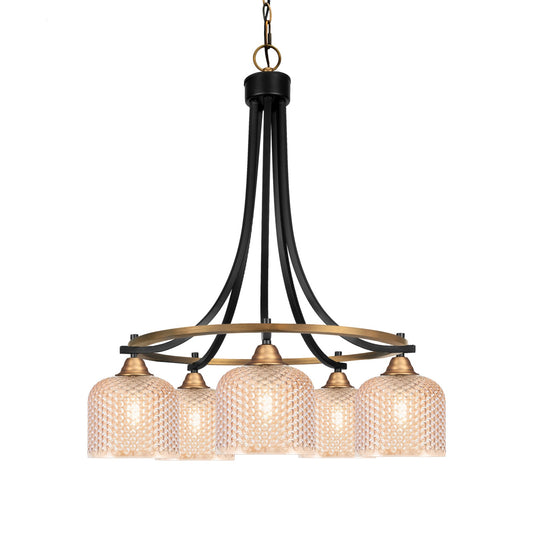 Toltec Paramount 24in 5-Light Chandelier | Industrial Matte Black & Brass and Amber Textured Glass | Dining Room & Living Room | 24 x 25.75 in | Model 3415-MBBR-4613