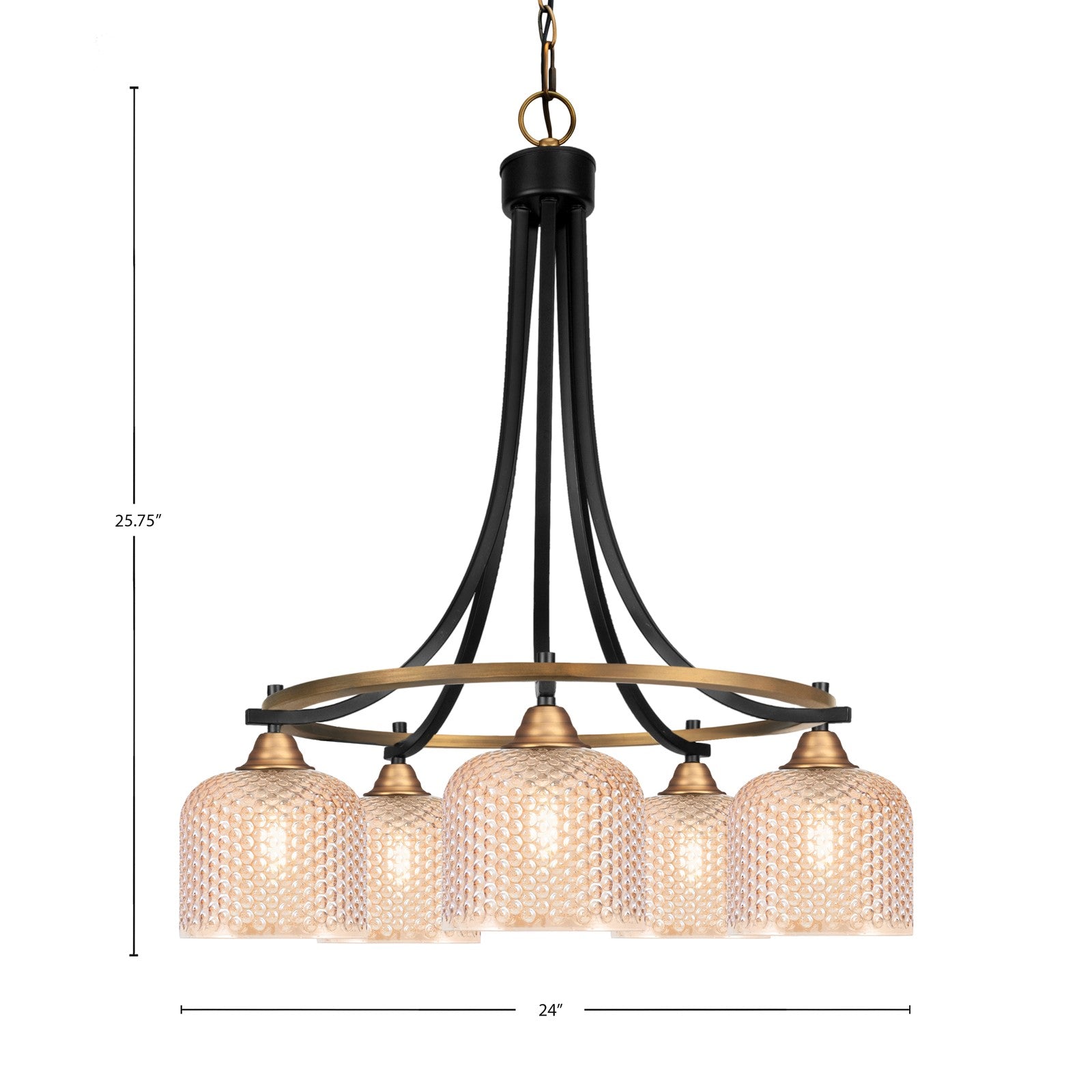 Toltec Paramount 24in 5-Light Chandelier | Industrial Matte Black & Brass and Amber Textured Glass | Dining Room & Living Room | 24 x 25.75 in | Model 3415-MBBR-4613