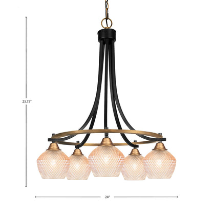 Toltec Paramount 24in 5-Light Downlight Chandelier | Industrial Matte Black & Brass Steel and Amber Textured Glass | Dining Room & Kitchen Island | Model 3415-MBBR-4623