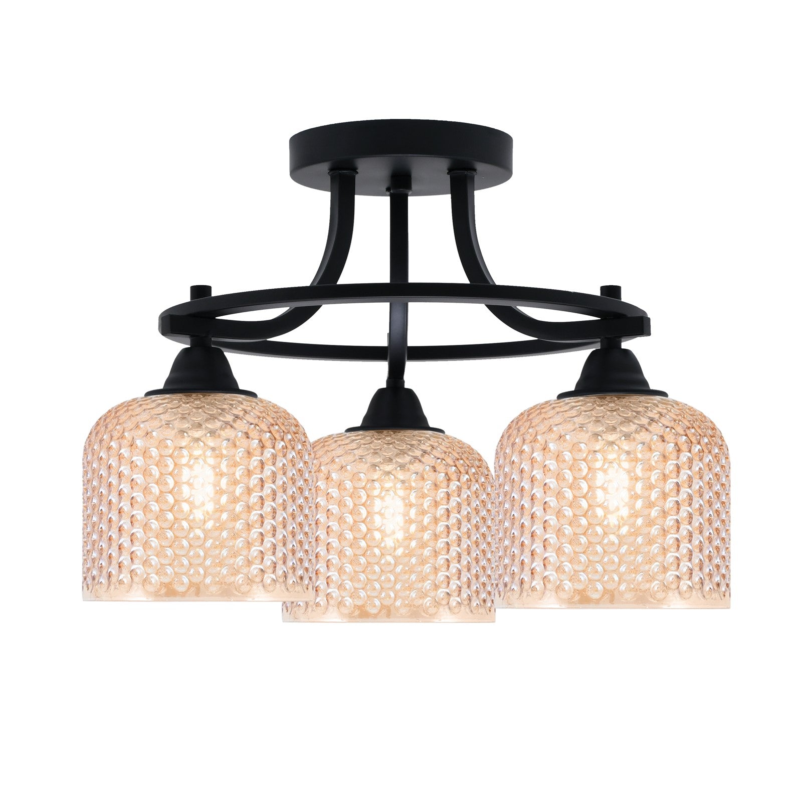 Toltec Paramount 14in 3-Light Semi-Flush Mount | Industrial Matte Black and Amber Textured Glass | Hallway & Bedroom | 14 x 12.75 in | Model 3417-MB-4613