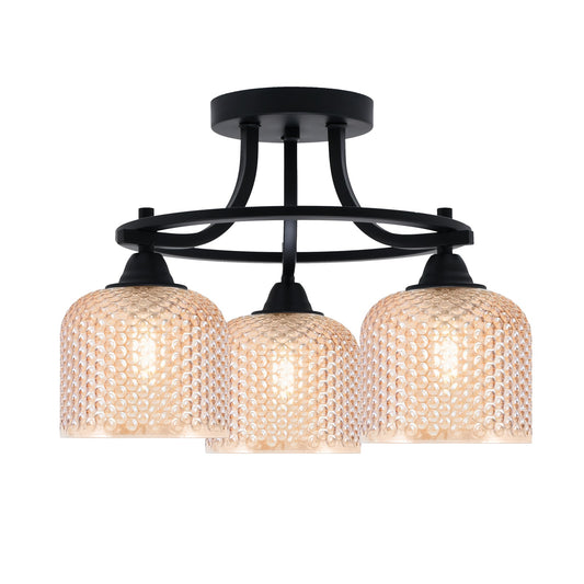 Toltec Paramount 14in 3-Light Semi-Flush Mount | Industrial Matte Black and Amber Textured Glass | Hallway & Bedroom | 14 x 12.75 in | Model 3417-MB-4613