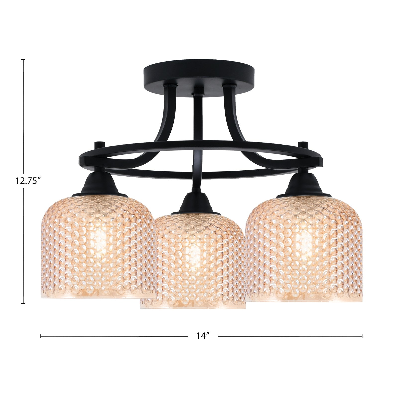 Toltec Paramount 14in 3-Light Semi-Flush Mount | Industrial Matte Black and Amber Textured Glass | Hallway & Bedroom | 14 x 12.75 in | Model 3417-MB-4613