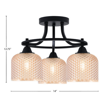 Toltec Paramount 14in 3-Light Semi-Flush Mount | Industrial Matte Black and Amber Textured Glass | Hallway & Bedroom | 14 x 12.75 in | Model 3417-MB-4613