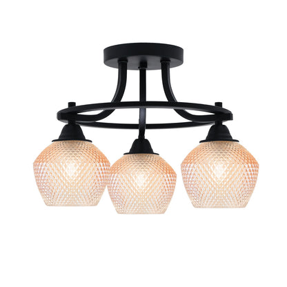 Toltec Paramount 14in 3-Light Semi-Flush Mount | Industrial Matte Black Steel and Amber Textured Glass | Entryway & Hallway | 14 x 12.75 in | Model 3417-MB-4623