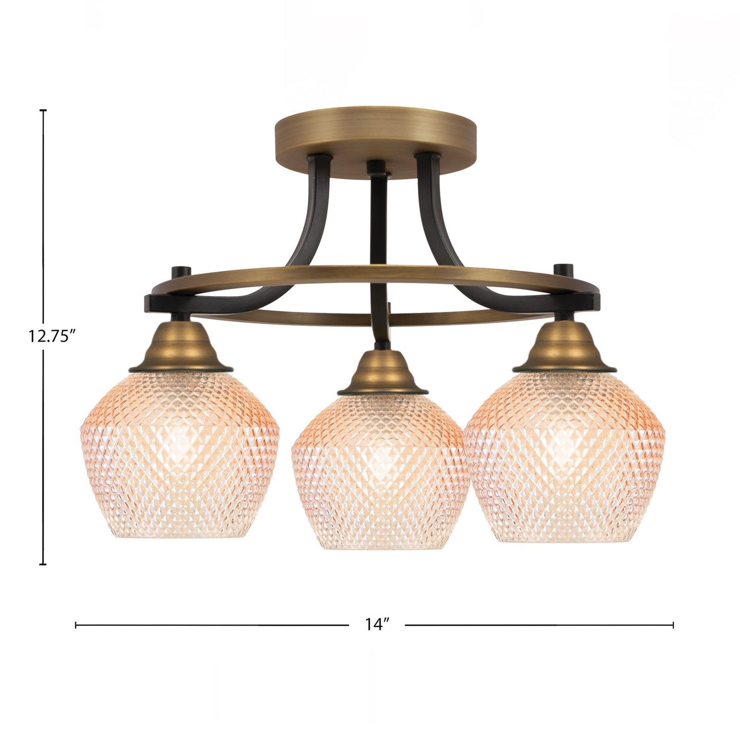 Toltec Paramount 14in 3-Light Semi-Flush Mount | Industrial Matte Black & Brass Steel and Amber Textured Glass | Entryway & Hallway | 14 x 12.75 in | Model 3417-MBBR-4623