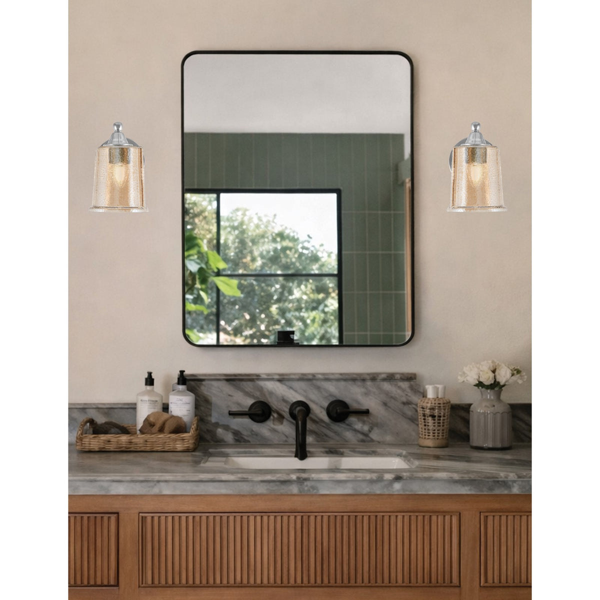 Toltec Paramount 5in 1-Light Wall Sconce | Brushed Nickel and Amber Bubble Glass | Bathroom & Hallway | 5 x 7.5 x 7.75 in | Model 3421-BN-5033