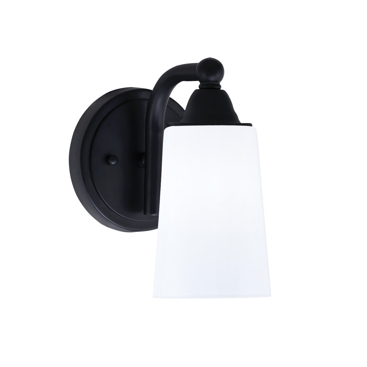 Toltec Paramount 5in 1-Light Wall Sconce | Matte Black and White Opal Glass | Bathroom & Hallway | 5 x 7 x 9 in | Model 3421-MB-261