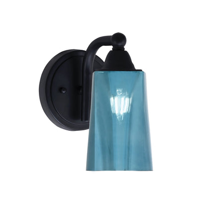 Toltec Paramount 1-Light Wall Sconce | Modern Matte Black and Blue Gradient Glass | Bathroom & Hallway Vanity Light | 5 x 7 x 9 in | Model 3421-MB-265