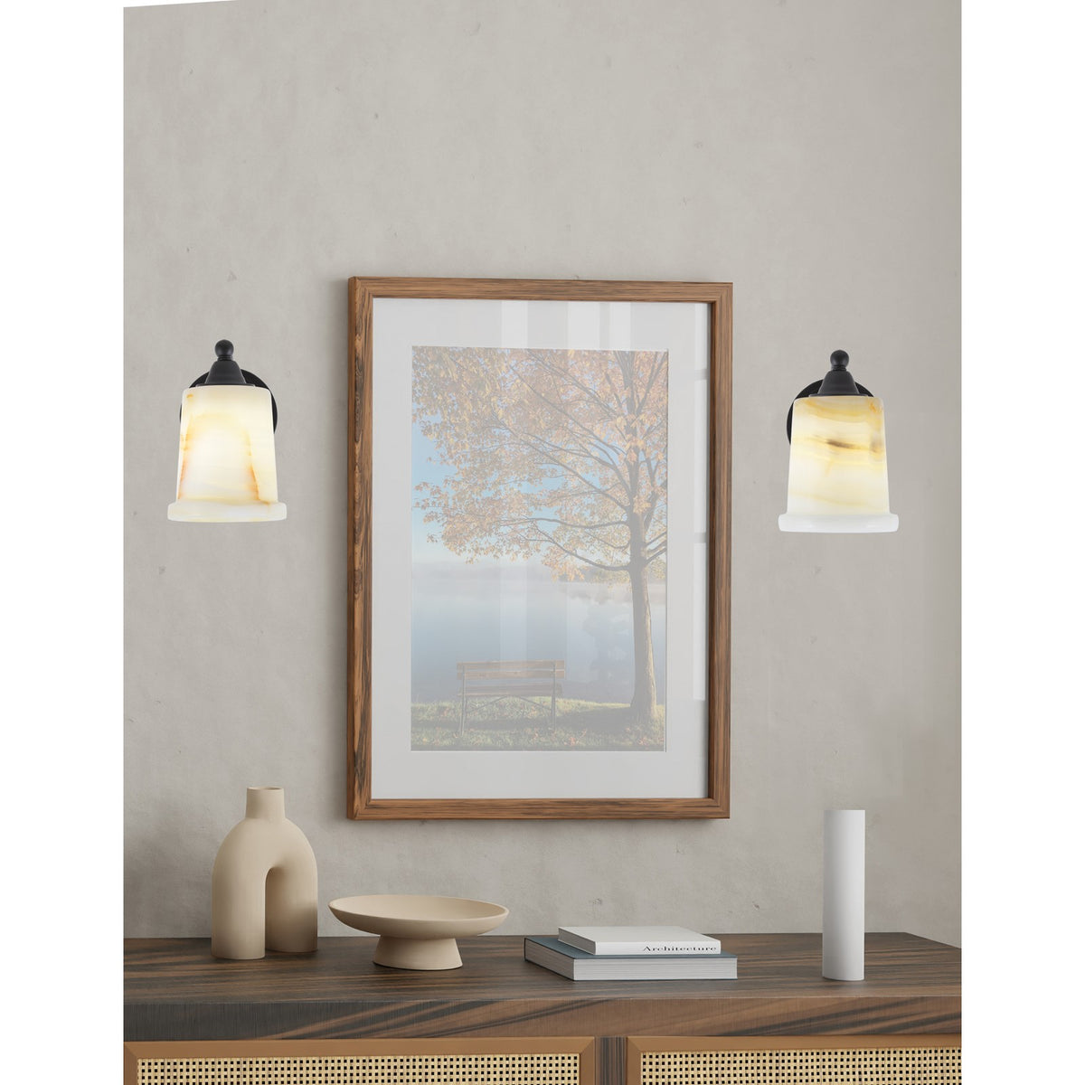 Toltec Paramount 5in 1-Light Wall Sconce | Modern Matte Black and Natural Stone Shade | Bathroom & Hallway Accent Light | Model 3421-MB-4128