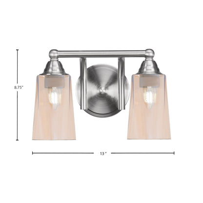 Toltec Paramount 2-Light Bath Bar | Transitional Brushed Nickel and Amber Gradient Glass | Bathroom Vanity & Powder Room | 7.25 x 8.75 in | Model 3422-BN-263