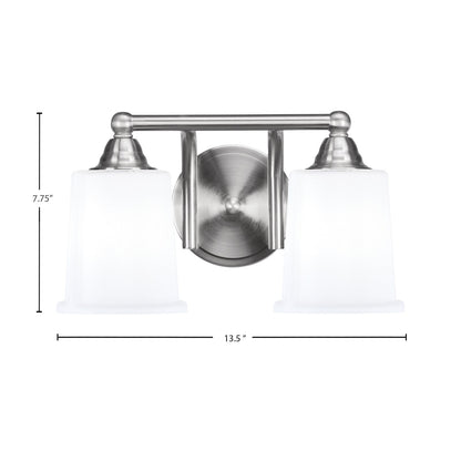 Toltec Paramount 2-Light Bath Bar | Brushed Nickel and White Opal Glass | Bathroom Vanity & Powder Room | 7.25 x 7.75 in | Model 3422-BN-5031