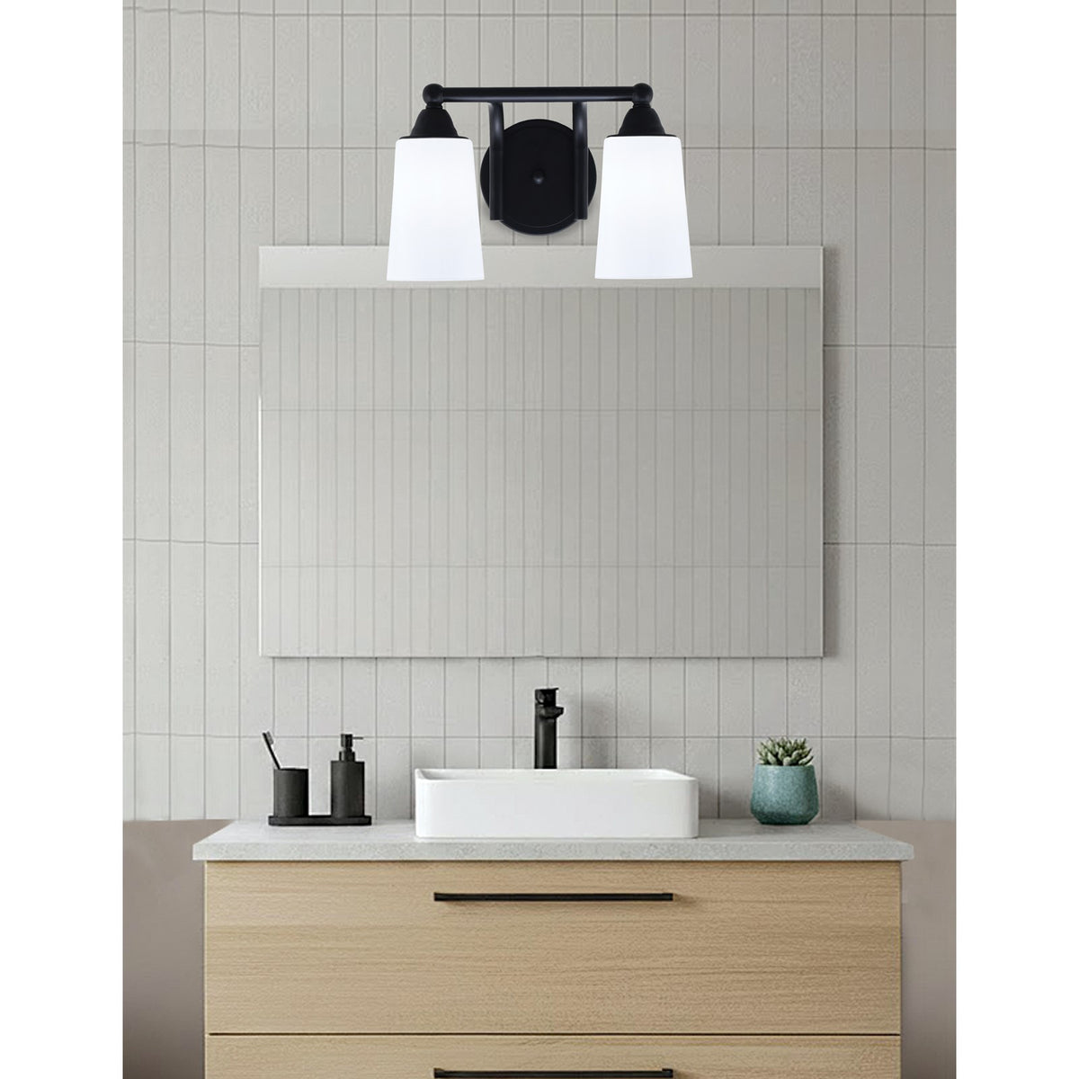 Toltec Paramount 2-Light Bath Bar | Matte Black and White Opal Glass | Bathroom & Powder Room Vanity Light | 7.25 x 8.75 in | Model 3422-MB-261