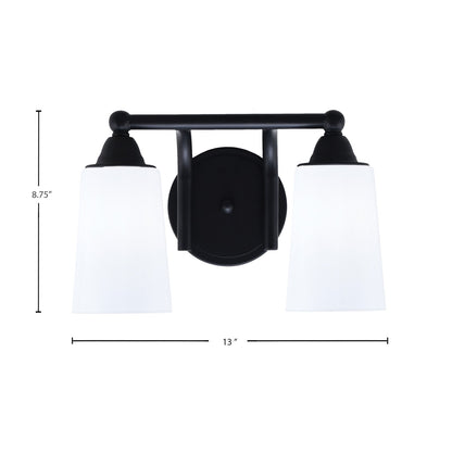 Toltec Paramount 2-Light Bath Bar | Matte Black and White Opal Glass | Bathroom & Powder Room Vanity Light | 7.25 x 8.75 in | Model 3422-MB-261