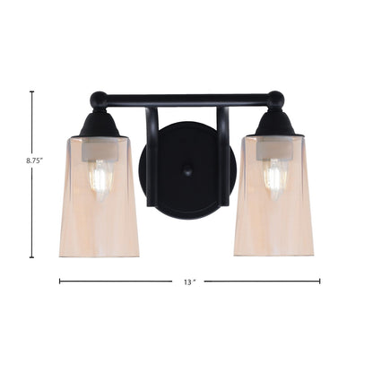 Toltec Paramount 2-Light Bath Bar | Modern Matte Black and Amber Gradient Glass | Bathroom Vanity & Powder Room | 7.25 x 8.75 in | Model 3422-MB-263