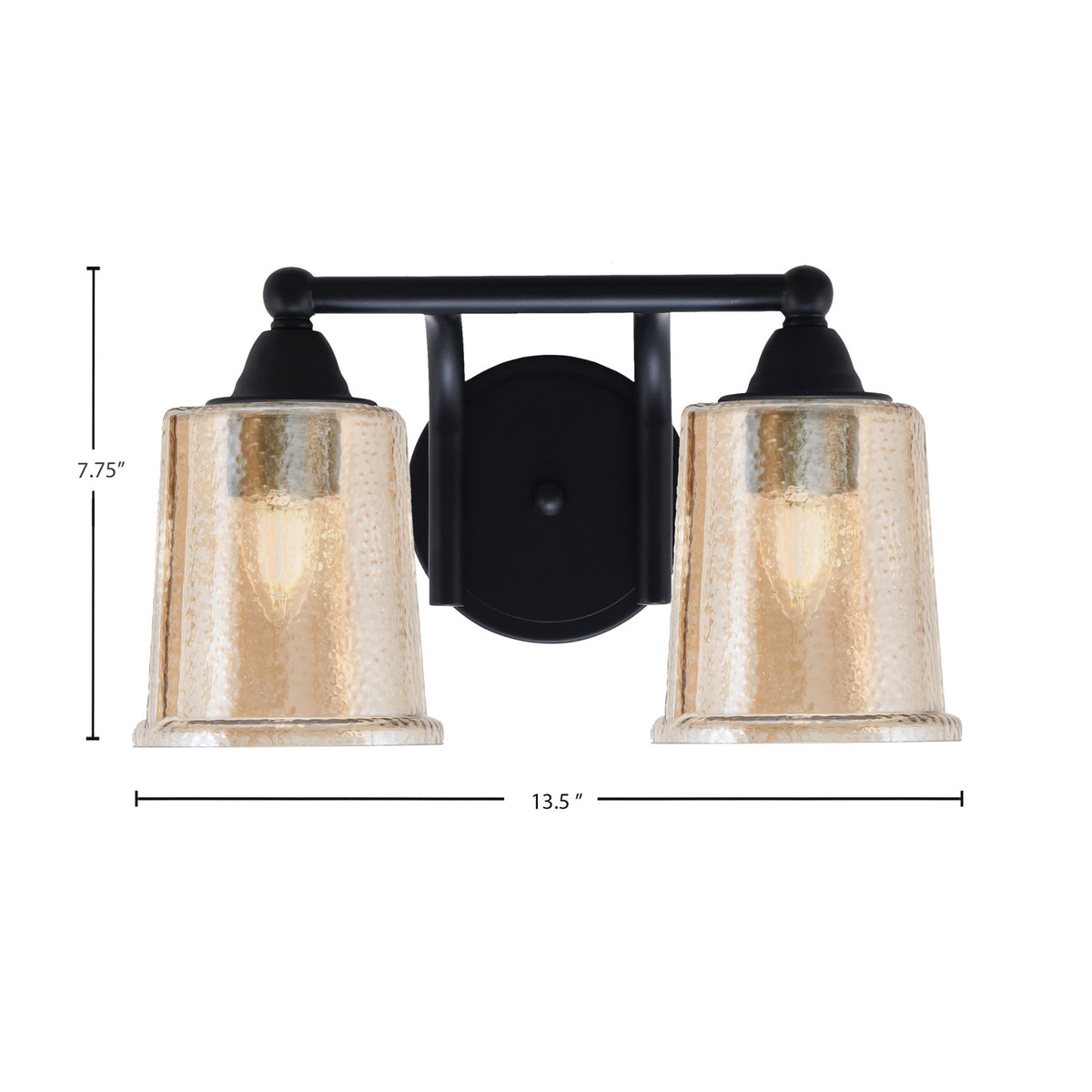 Toltec Paramount 2-Light Bath Bar | Modern Matte Black Steel and Amber Bubble Glass | Bathroom & Powder Room Vanity | 7.25 x 7.75 in | Model 3422-MB-5033