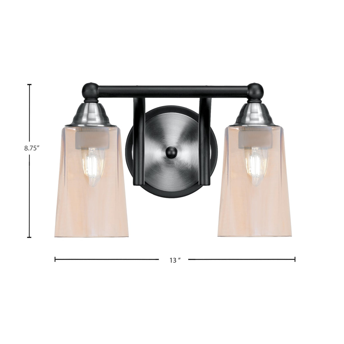 Toltec Paramount 2-Light Bath Bar | Matte Black & Brushed Nickel Steel and Amber Gradient Glass | Bathroom Vanity & Powder Room | 7.25 x 8.75 in | Model 3422-MBBN-263