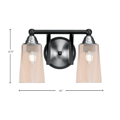 Toltec Paramount 2-Light Bath Bar | Matte Black & Brushed Nickel Steel and Amber Gradient Glass | Bathroom Vanity & Powder Room | 7.25 x 8.75 in | Model 3422-MBBN-263
