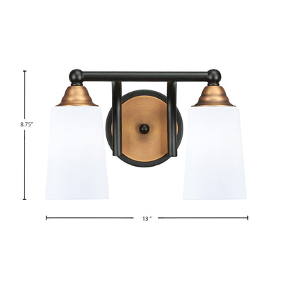 Toltec Paramount 8.75in 2-Light Bath Bar | Modern Matte Black & Brass and White Opal Glass | Bathroom Vanity | 7.25 x 8.75 in | Model 3422-MBBR-261