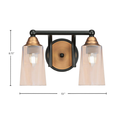 Toltec Paramount 2-Light Bath Bar | Matte Black & Brass with Amber Gradient Glass | Bathroom Vanity & Powder Room | 7.25 x 8.75 in | Model 3422-MBBR-263
