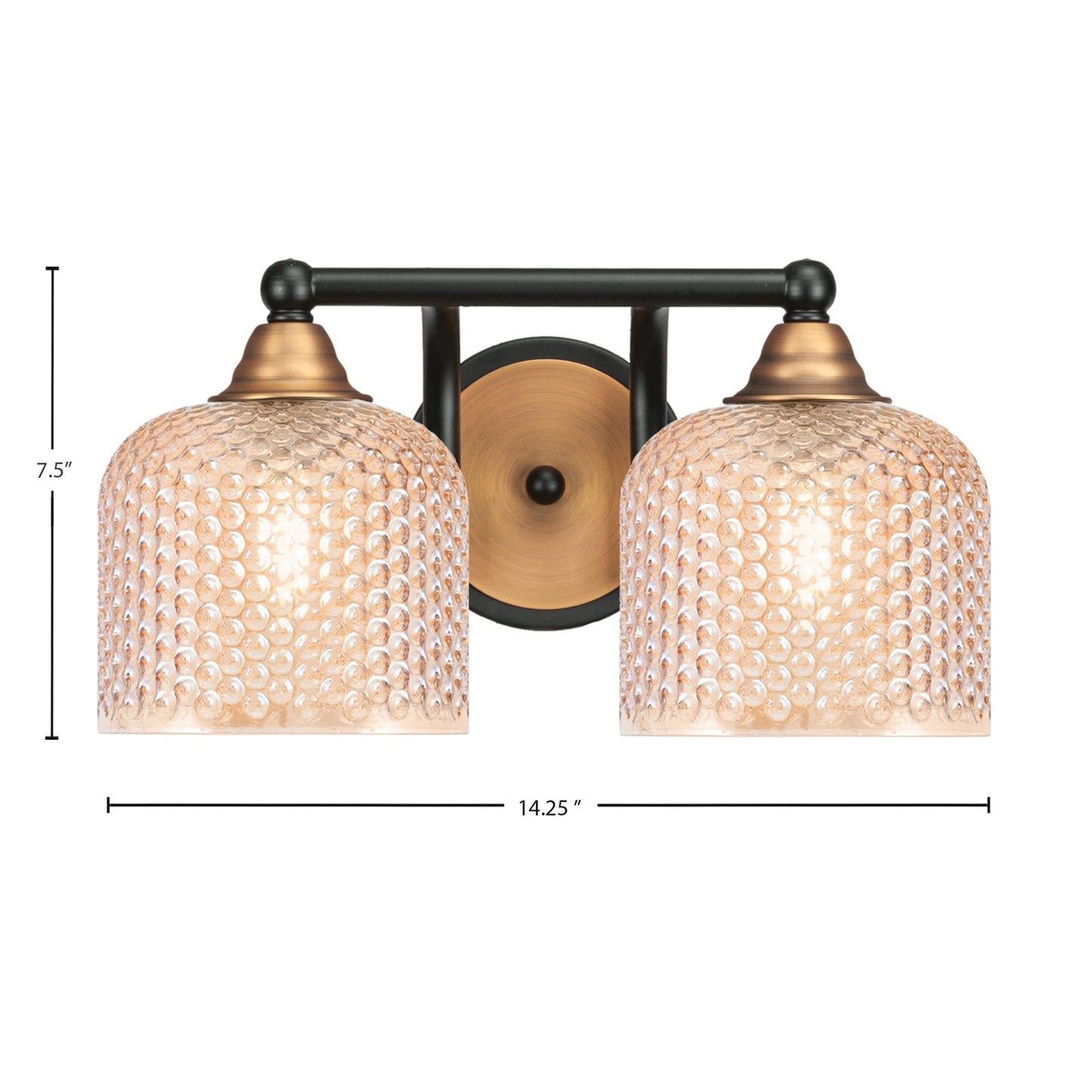 Toltec Paramount 14.25in 2-Light Bath Bar | Modern Matte Black & Brass Steel and Amber Textured Glass | Bathroom Vanity Light | 14.25 x 8 x 7.5 in | Model 3422-MBBR-4613