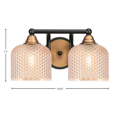 Toltec Paramount 14.25in 2-Light Bath Bar | Modern Matte Black & Brass Steel and Amber Textured Glass | Bathroom Vanity Light | 14.25 x 8 x 7.5 in | Model 3422-MBBR-4613
