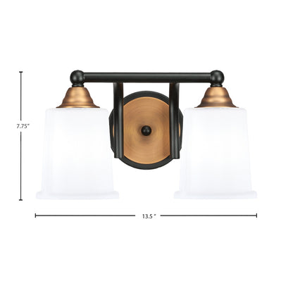 Toltec Paramount 2-Light Bath Bar | Matte Black & Brass with White Opal Glass | Bathroom Vanity & Powder Room | 7.25 x 7.75 in | Model 3422-MBBR-5031