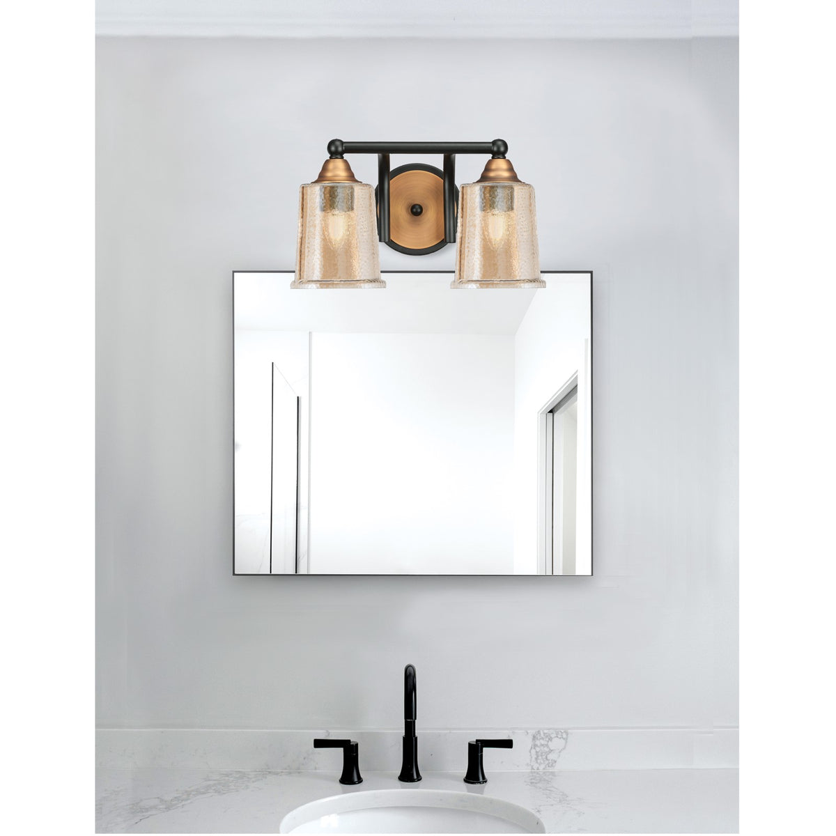 Toltec Paramount 7.75in 2-Light Bath Bar | Modern Matte Black and Brass with Amber Bubble Glass | Bathroom Vanity | 7.25 x 7.75 in | Model 3422-MBBR-5033