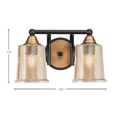 Toltec Paramount 7.75in 2-Light Bath Bar | Modern Matte Black and Brass with Amber Bubble Glass | Bathroom Vanity | 7.25 x 7.75 in | Model 3422-MBBR-5033
