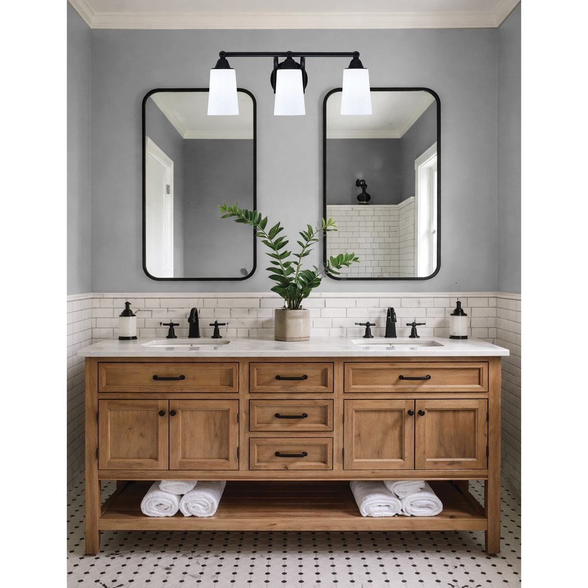 Toltec Paramount 3-Light Bath Bar | Matte Black Steel and White Opal Glass | Bathroom Vanity & Powder Room | 7.25 x 8.75 in | Model 3423-MB-261