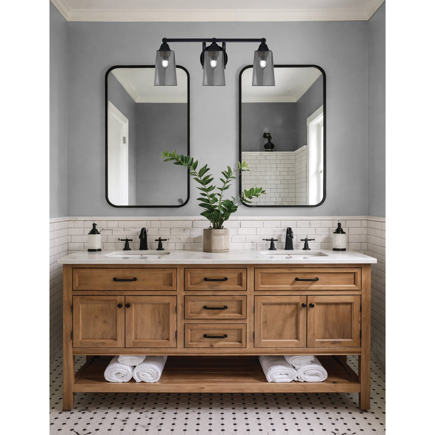 Toltec Paramount 3-Light Bath Bar | Matte Black Steel and Smoke Bubble Glass | Bathroom Vanity & Powder Room | 7.25 x 8.75 in | Model 3423-MB-262